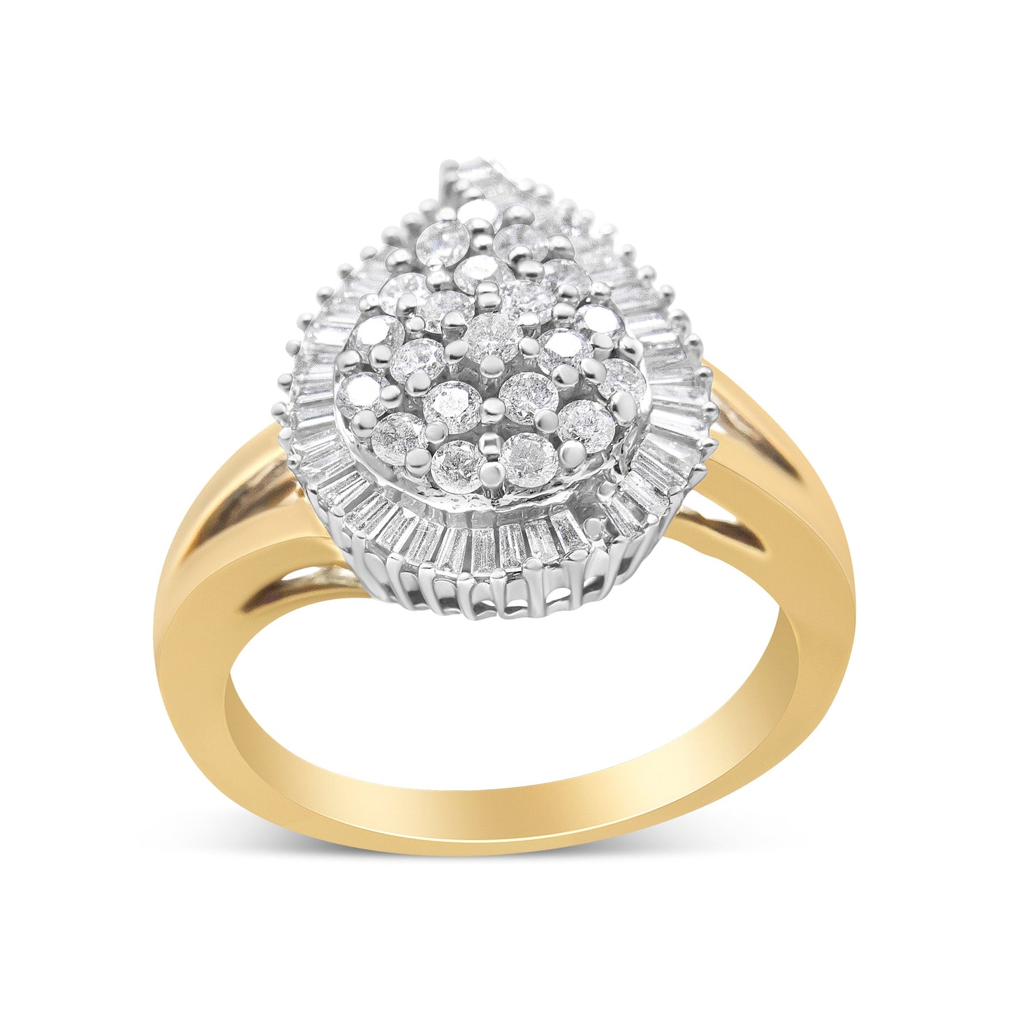 Anillo de cóctel estilo bailarina de oro blanco y amarillo de 14 quilates con diamantes redondos y talla baguette de 1,00 quilates en total (color H-I, claridad SI2-I1)