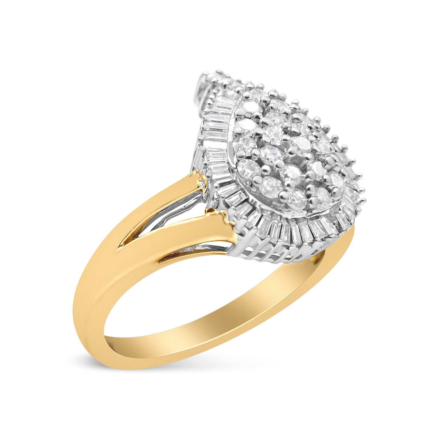 Anillo de cóctel estilo bailarina de oro blanco y amarillo de 14 quilates con diamantes redondos y talla baguette de 1,00 quilates en total (color H-I, claridad SI2-I1)