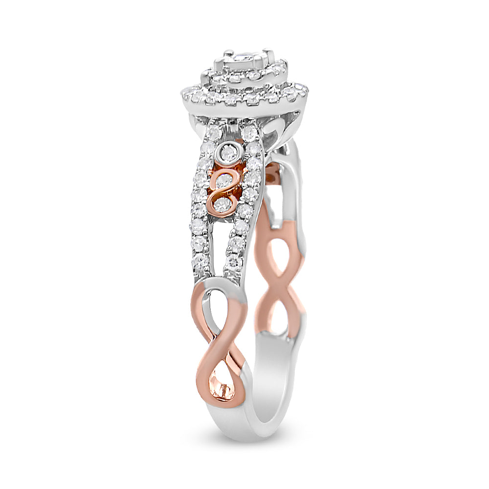 Anillo de Compromiso de Plata Fina .925 Chapado en Oro Rosa de 14K con Doble Marco Cruzado y Vástago Dividido de Diamantes Redondos de 3/8 Cttw (Color I-J, Claridad I2-I3) - Talla 7