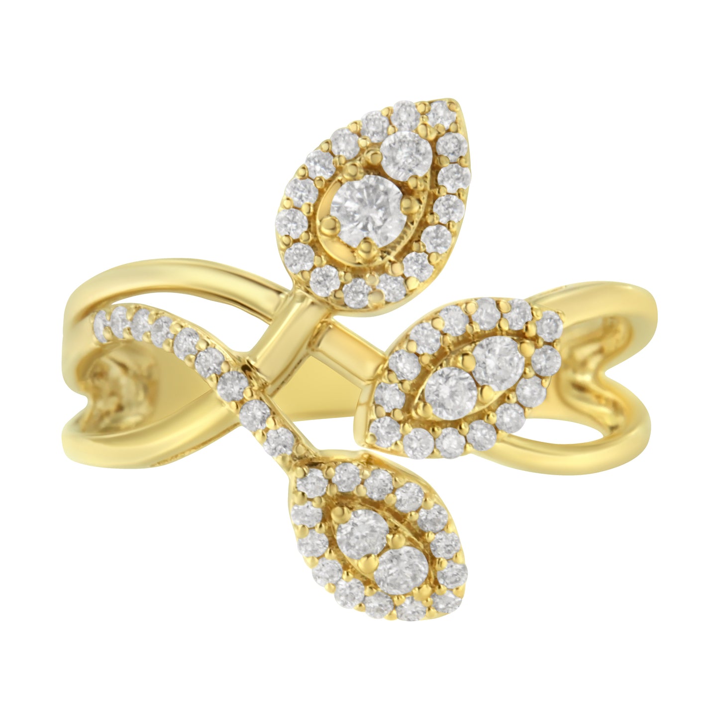 Anillo con tres hojas superpuestas de oro amarillo de 10 qt con diamantes de talla redonda de 1/2 quilate (color I-J, claridad I1-I2) - Talla 7