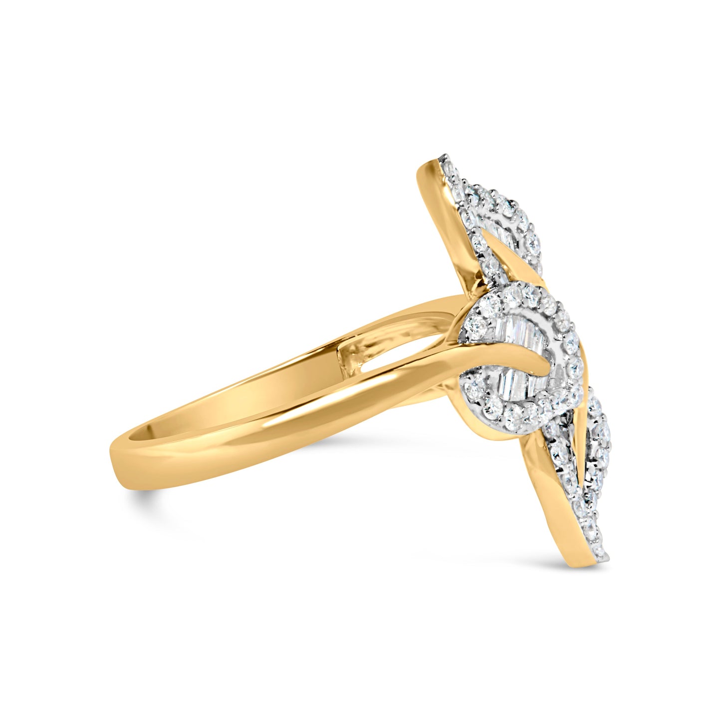 Anillo de oro amarillo y blanco de 10k con diamantes de talla baguette y redonda de 1/2 quilate (color I-J, claridad I1-I2) - Talla 7
