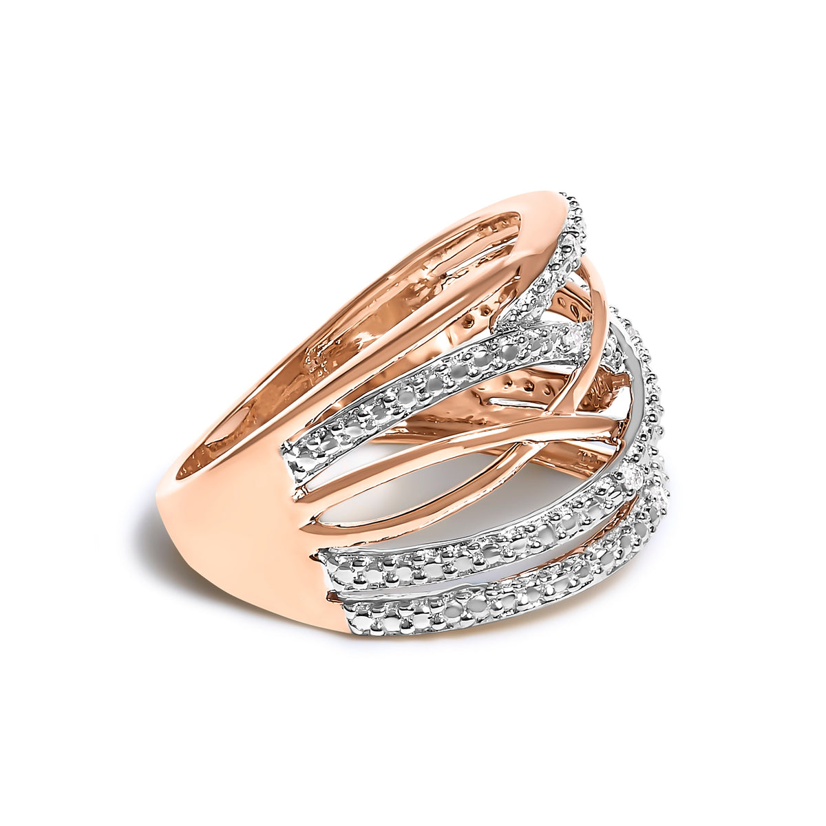 14K Rose Gold Plated .925 Sterling Silver Diamond Accent Crossover Ring (I-J Color, I2-I3 Clarity) - Ring Size 7