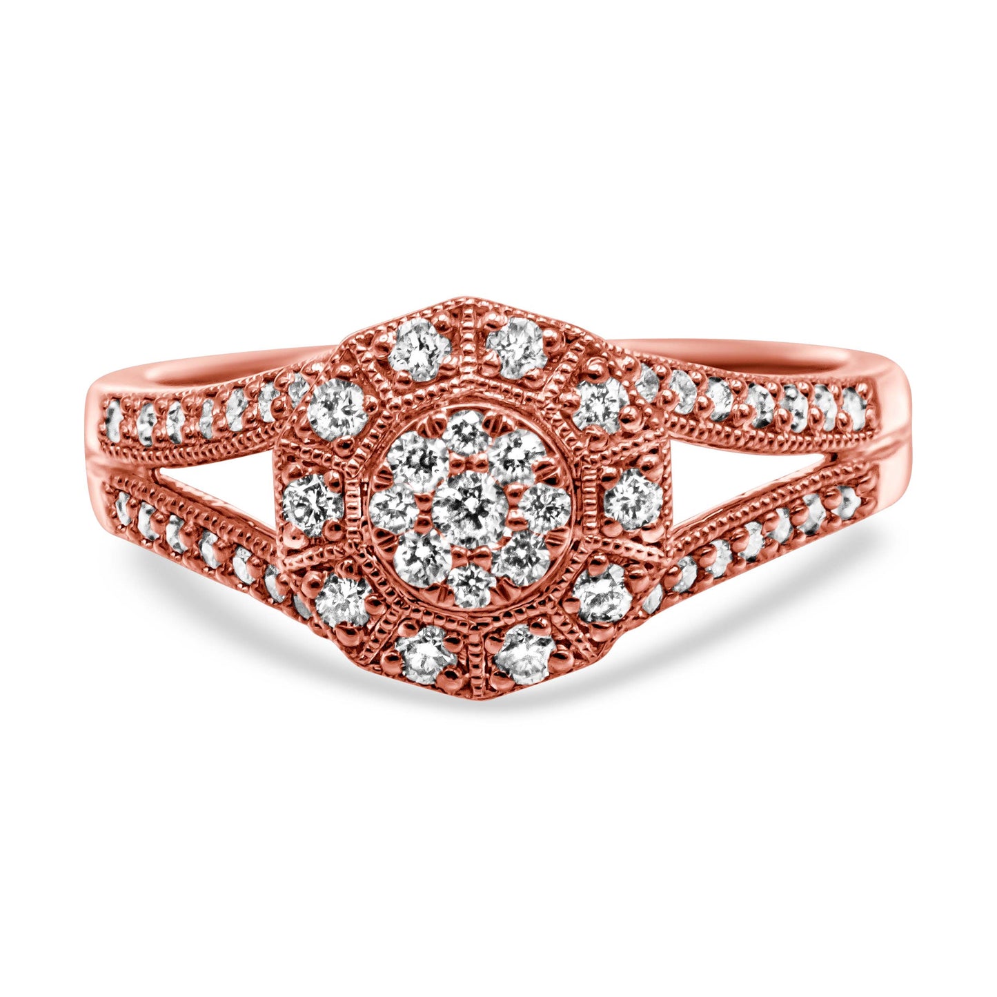 Anillo de cóctel con halo de diamantes pavé de 1/2 quilate, en plata de ley 925 con baño de oro rosa de 14 quilates, con vástago dividido (color I-J, claridad I1-I2) - Talla 6
