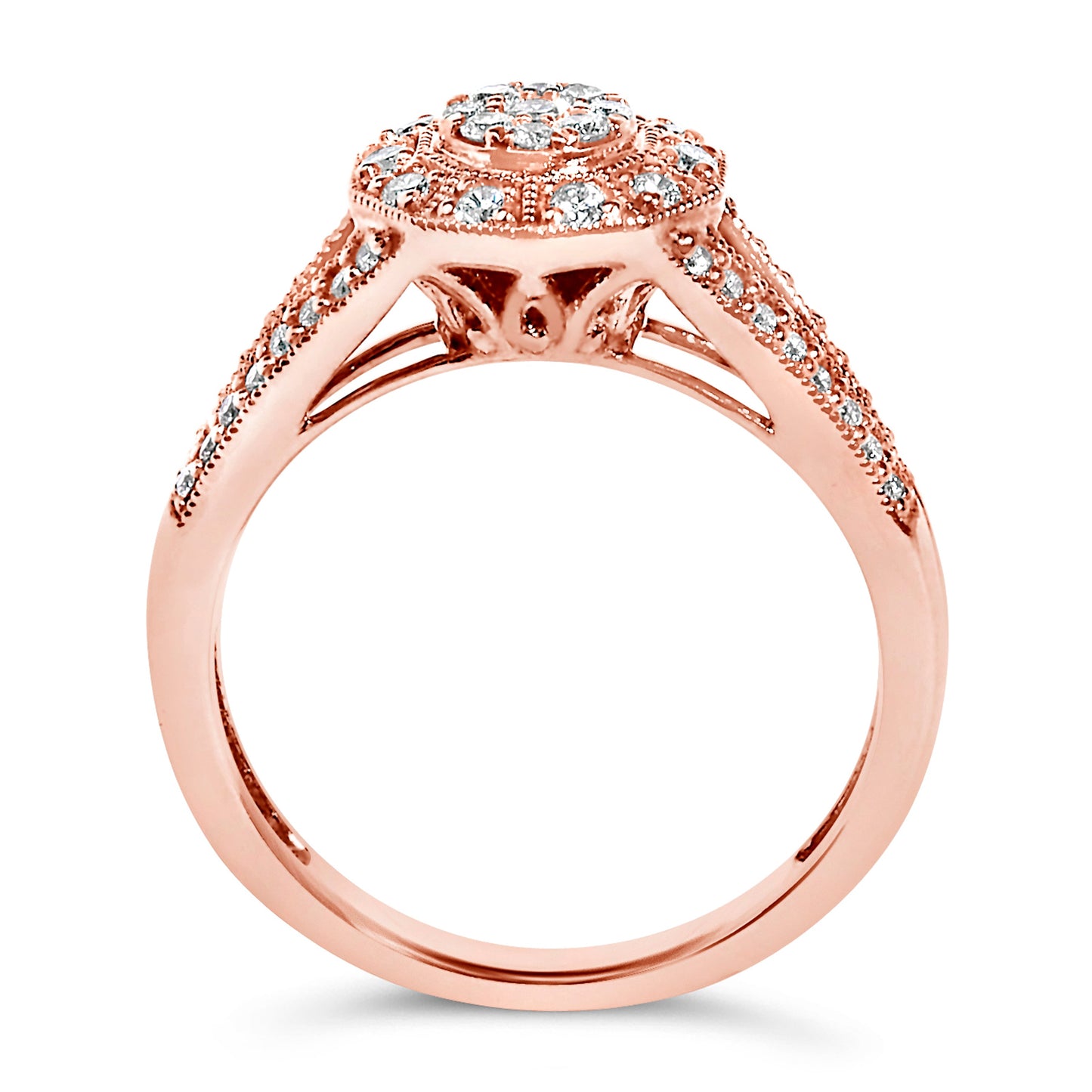 Anillo de cóctel con halo de diamantes pavé de 1/2 quilate, en plata de ley 925 con baño de oro rosa de 14 quilates, con vástago dividido (color I-J, claridad I1-I2) - Talla 6