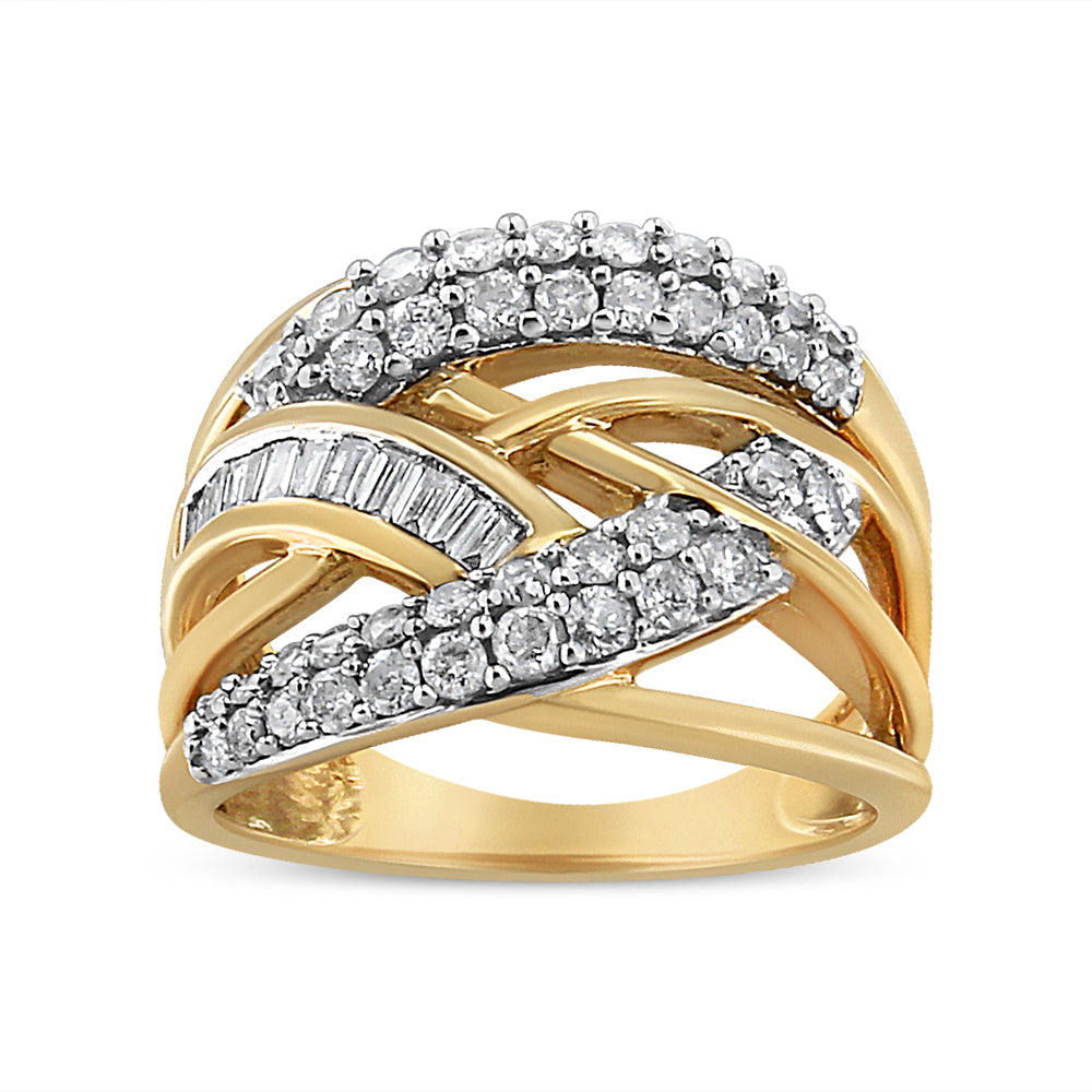 Anillo de cóctel entrelazado de oro amarillo y blanco de 10K con diamantes redondos y talla baguette de 1.0 quilates (Color I-J, Claridad I2-I3) - Talla 7