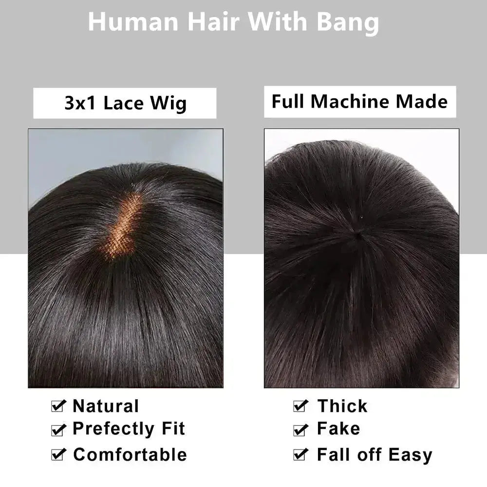 100% Human Hair | Remy Hair | HD Lace Middle Part | Straight | Bangs | Wear And Go | Glueless | Short Bob Wigs
