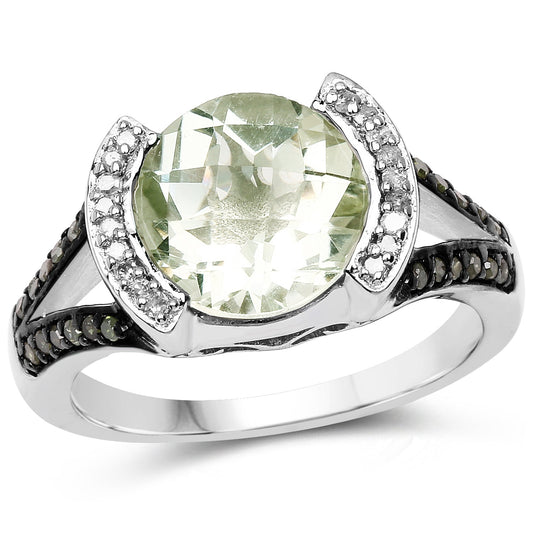 Anillo de plata de ley .925 con amatista verde auténtica de 3.59 quilates, diamante verde y diamante blanco