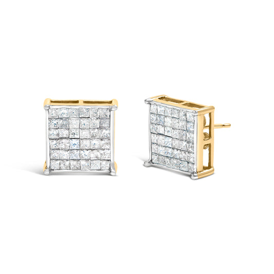 Pendientes de oro amarillo de 10K con diamantes de talla princesa de 2.0 Cttw con engaste invisible