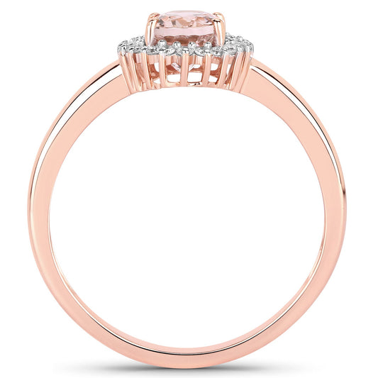 Anillo de Oro Rosa de 14K con Morganita Genuina de 0,81 Quilates y Diamantes Blancos