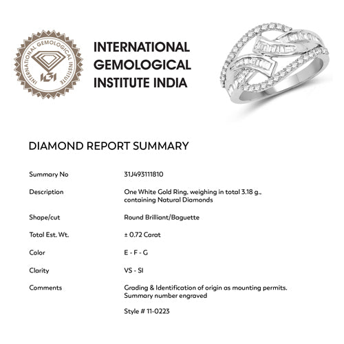 Anillo de oro blanco de 14K con diamante blanco auténtico de 0,72 quilates (color E-F-G, claridad VS-SI)