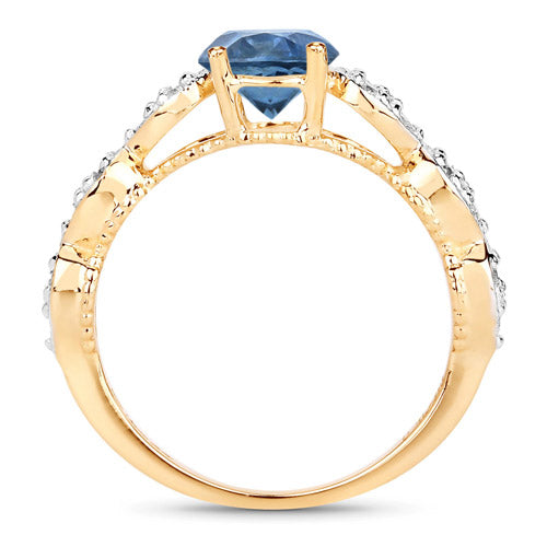 Anillo de oro amarillo de 14K con zafiro azul genuino de 1.27 quilates y diamantes blancos