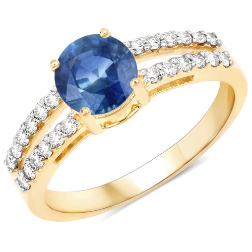 Anillo de oro amarillo de 14K con zafiro azul genuino de 1.29 quilates y diamantes blancos