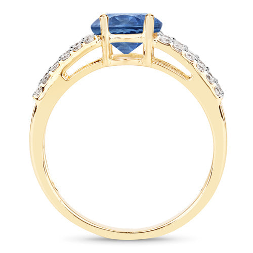 Anillo de oro amarillo de 14K con zafiro azul genuino de 1.29 quilates y diamantes blancos