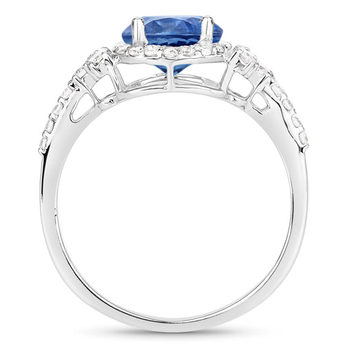 Anillo de oro blanco de 14 quilates con zafiro azul auténtico de 1,34 quilates y diamantes blancos
