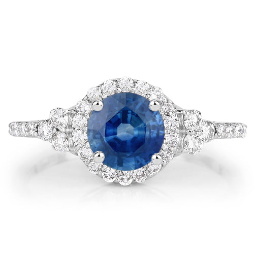 Anillo de oro blanco de 14 quilates con zafiro azul auténtico de 1,34 quilates y diamantes blancos