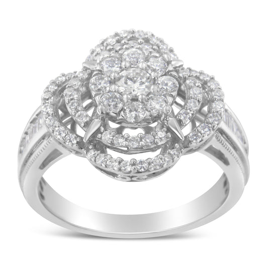 Anillo tipo cóctel de oro blanco de 14 K con racimo floral de diamantes de talla redonda y baguette de 1,0 Cttw engarzado en canal con trébol (color H-I, claridad SI2-I1) - Talla 6-3/4