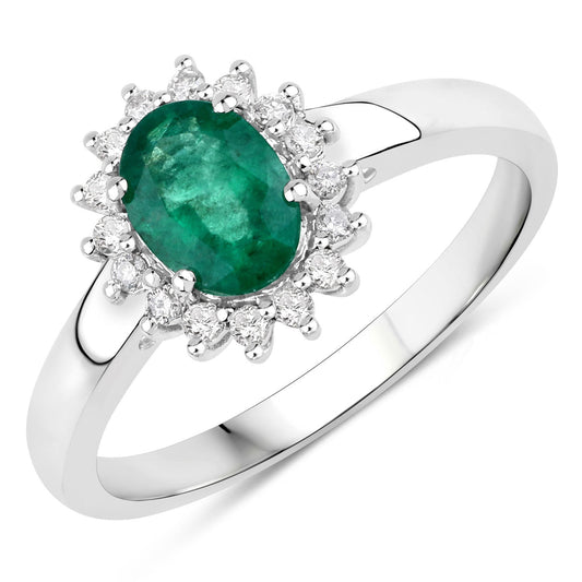 Anillo de oro blanco de 14K con esmeralda genuina de Zambia de 0,86 quilates y diamantes blancos