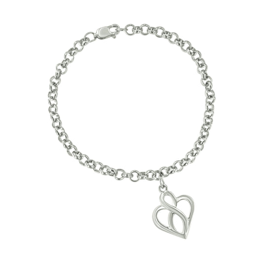Pulsera con dije de cadena de plata esterlina .925 con corazón abierto e infinito vertical central - Talla 7"