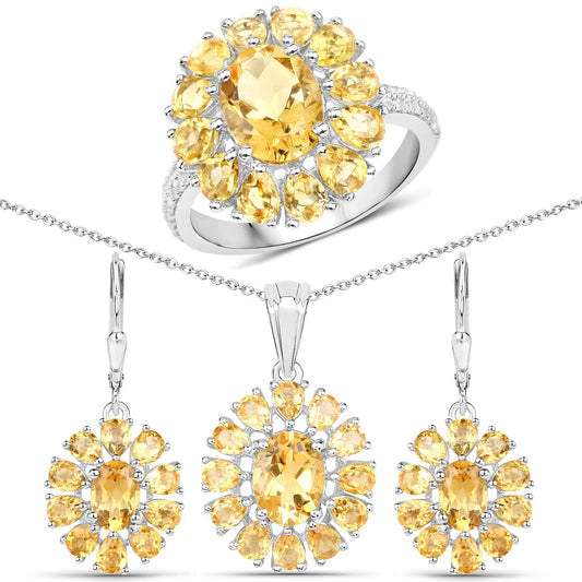 Conjunto de joyas de 3 piezas de plata de ley .925 con citrino auténtico y topacio blanco de 12,24 quilates (anillo, pendientes y colgante con cadena)