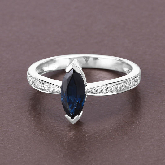 Anillo de zafiro azul genuino y diamante blanco de 1,44 quilates en oro blanco de 14 quilates