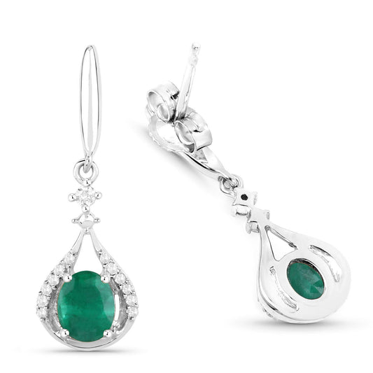 0.70 Carat Genuine Zambian Emerald and White Diamond 14K White Gold Earrings - view 2