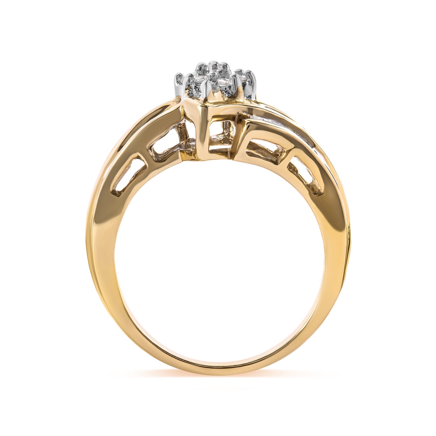 Anillo de oro amarillo de 10 qt con cabeza de racimo de diamantes redondos y talla baguette de 1/2 quilate de peso total y montura con engaste de canal (color H-I, claridad I1-I2) - Talla de anillo 7