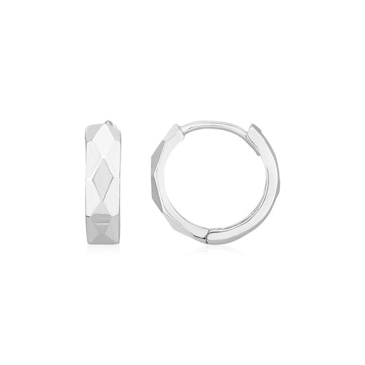 14K White Gold Diamond Motif Faceted Huggie Earrings - view 2