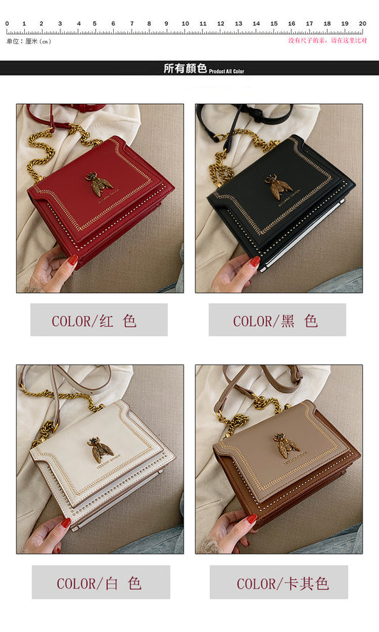 High-Quality Genuine Leather Square Handbag | Luxury Retro Bee Designer Crossbody Bag Luxegan