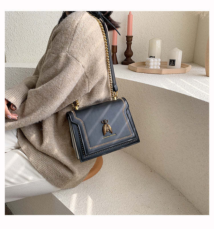 High-Quality Genuine Leather Square Handbag | Luxury Retro Bee Designer Crossbody Bag Luxegan