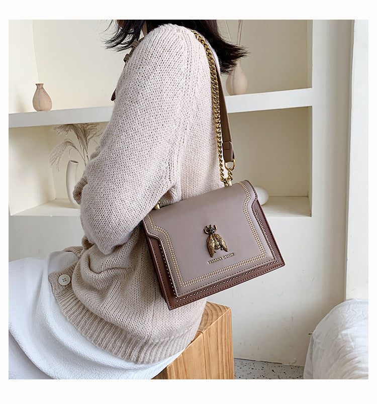 High-Quality Genuine Leather Square Handbag | Luxury Retro Bee Designer Crossbody Bag Luxegan