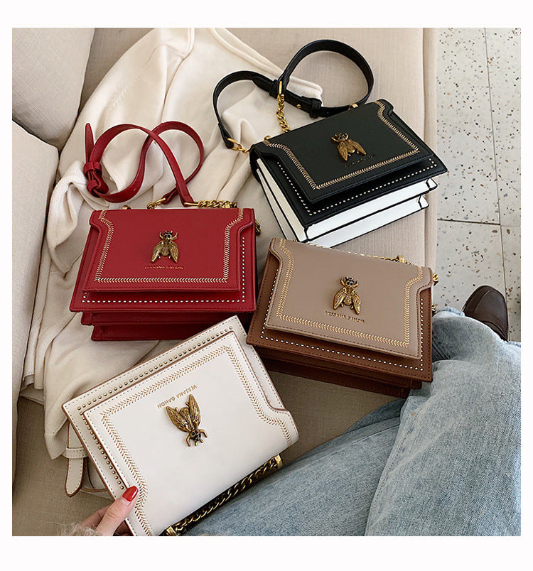 High-Quality Genuine Leather Square Handbag | Luxury Retro Bee Designer Crossbody Bag Luxegan