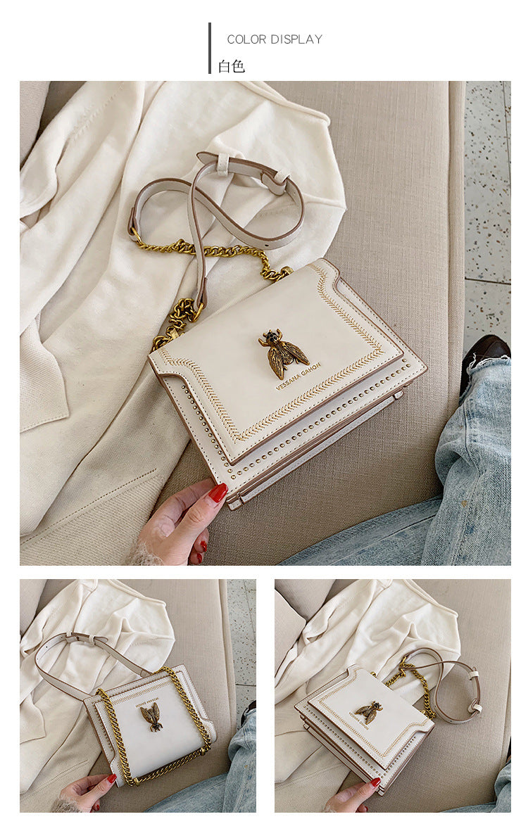 High-Quality Genuine Leather Square Handbag | Luxury Retro Bee Designer Crossbody Bag Luxegan