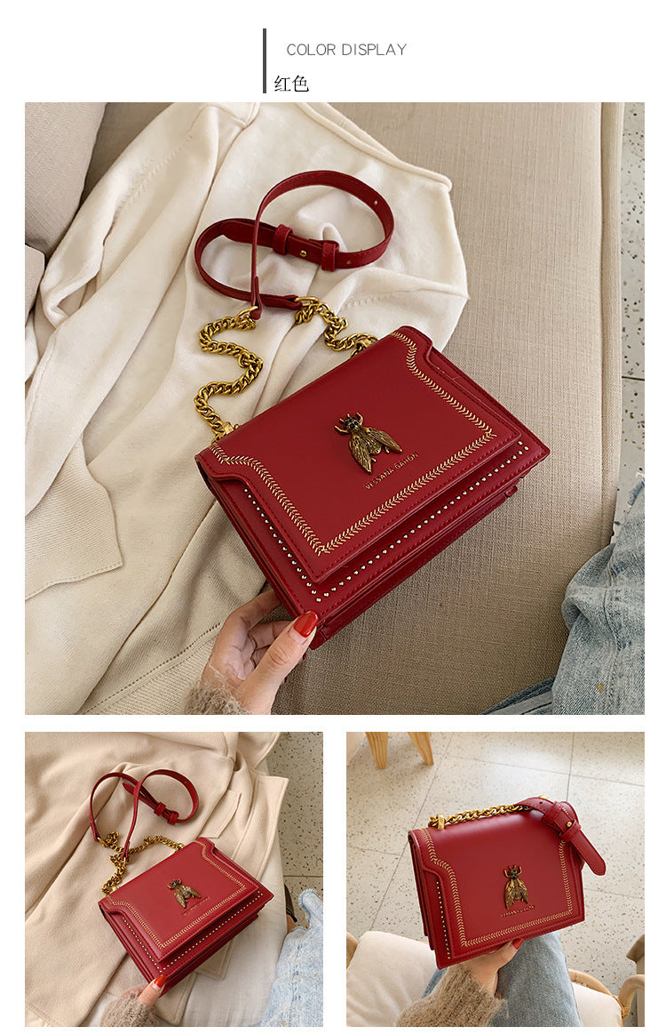High-Quality Genuine Leather Square Handbag | Luxury Retro Bee Designer Crossbody Bag Luxegan