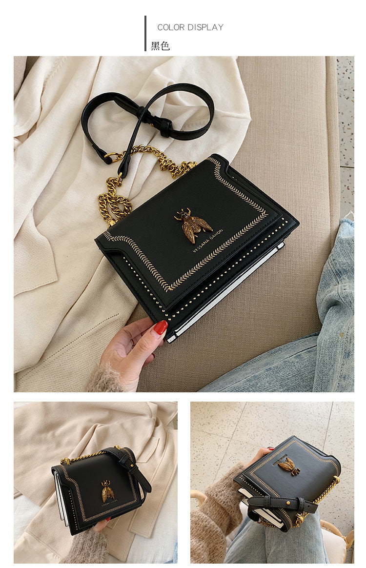 High-Quality Genuine Leather Square Handbag | Luxury Retro Bee Designer Crossbody Bag Luxegan