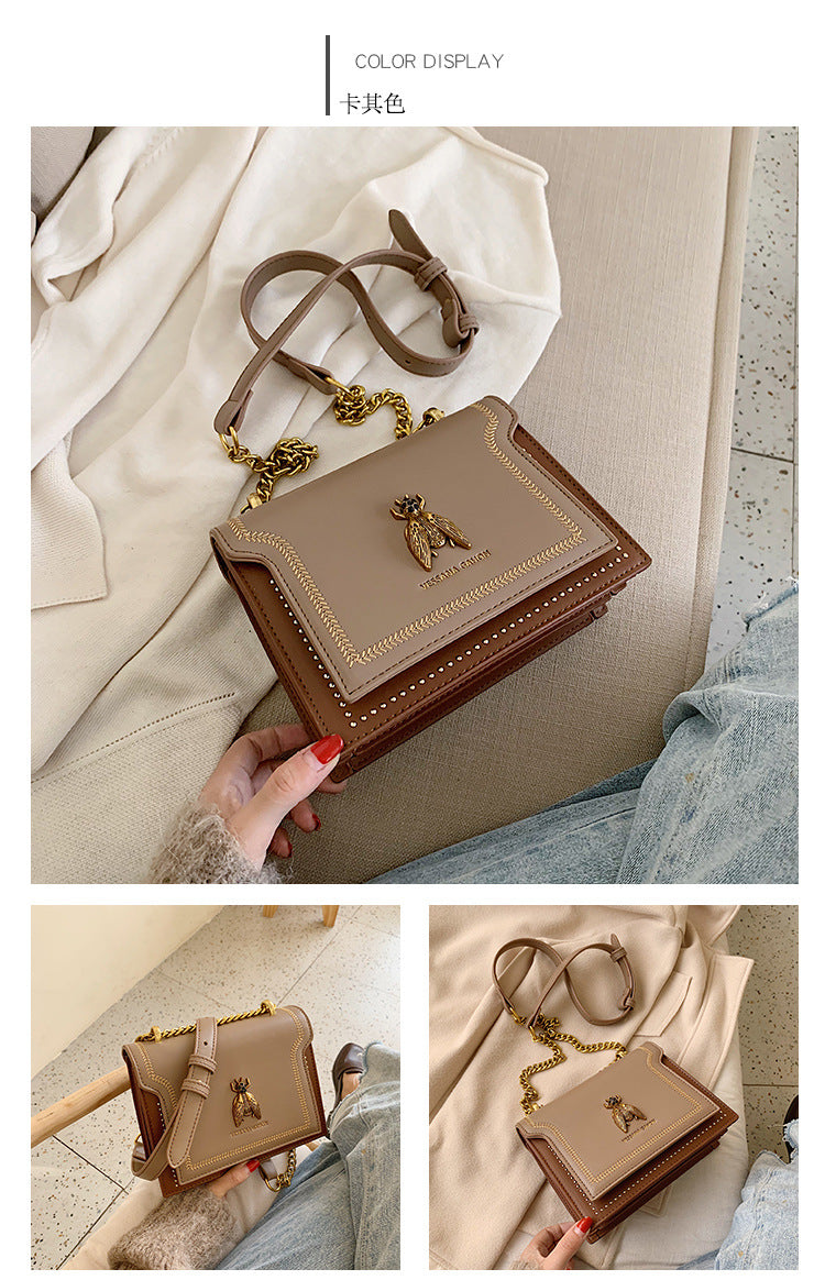 High-Quality Genuine Leather Square Handbag | Luxury Retro Bee Designer Crossbody Bag Luxegan