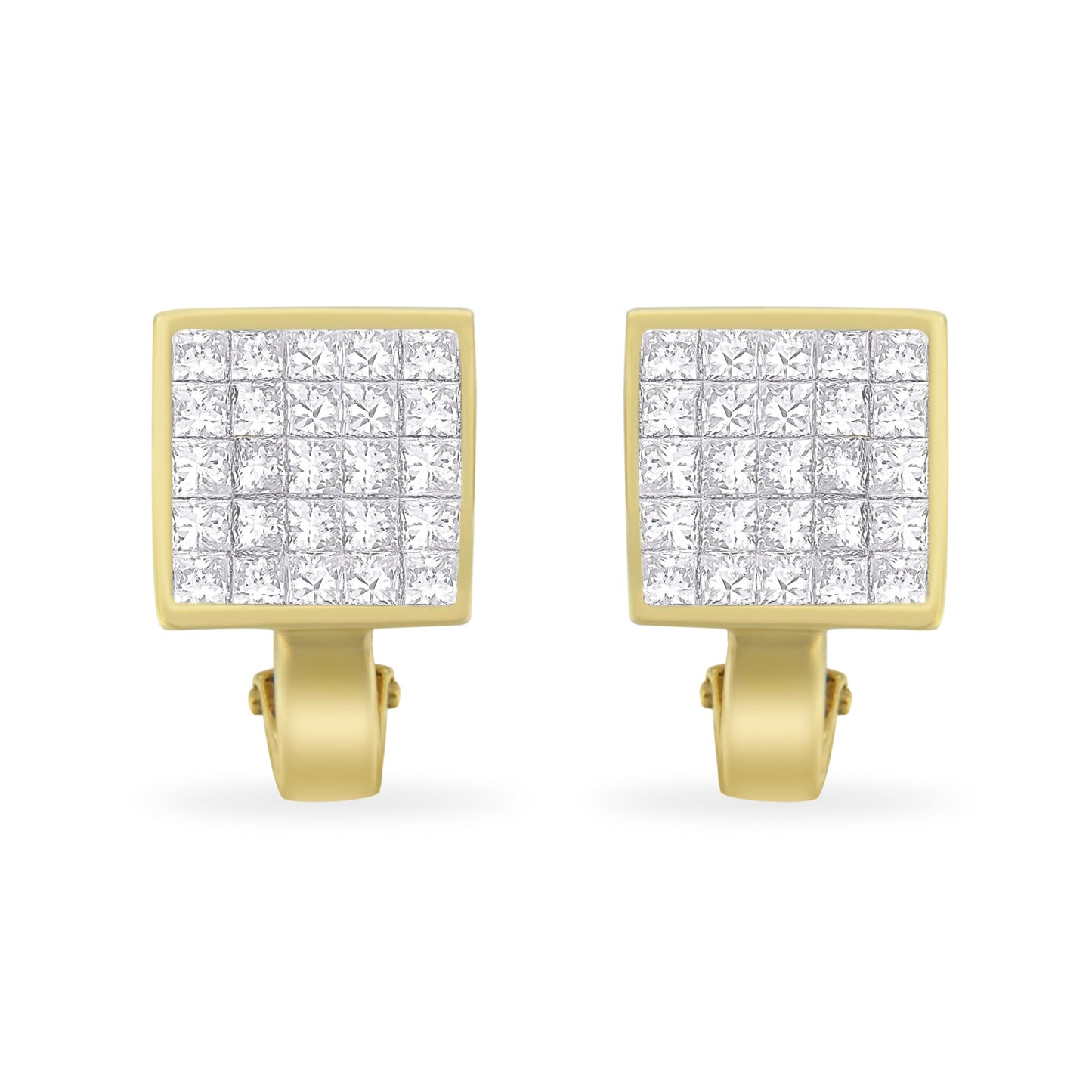 Pendientes de botón con cierre omega y diseño tipo argolla "huggy" en oro amarillo de 14K con diamantes de talla princesa de 3-1/5 Cttw en montura invisible de cuadrícula de ¾ cuadrados (Color G-H, Claridad VS1-VS2)
