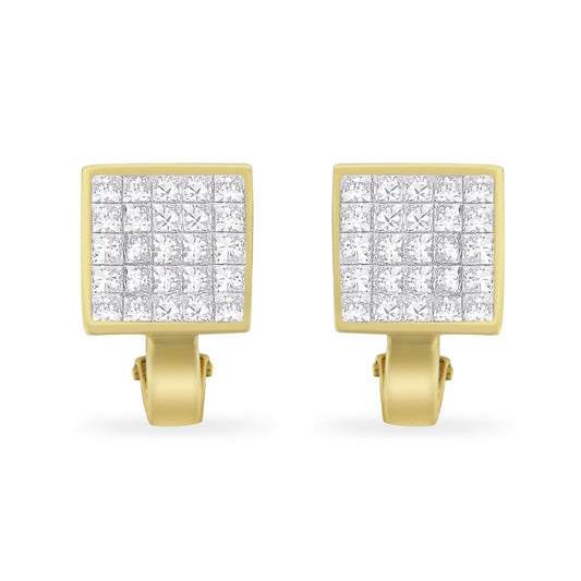 Pendientes de botón con cierre omega y diseño tipo argolla "huggy" en oro amarillo de 14K con diamantes de talla princesa de 3-1/5 Cttw en montura invisible de cuadrícula de ¾ cuadrados (Color G-H, Claridad VS1-VS2)