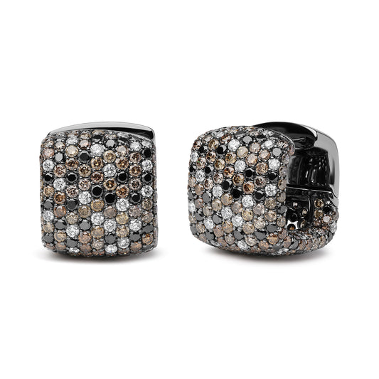 Pendientes Huggie Cuadrados Abovedados con Diamantes Multicolor de 12 5/8 Cttw en Oro Blanco de 18K con Baño de Rodio Negro (Marrón, Negro, Color G-H, Claridad SI1-SI2)