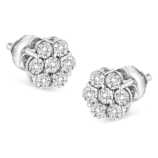 Pendientes de botón florales de oro blanco de 14K con diamantes de talla redonda de 1/2 cttw (color I-J, claridad SI2-I1)