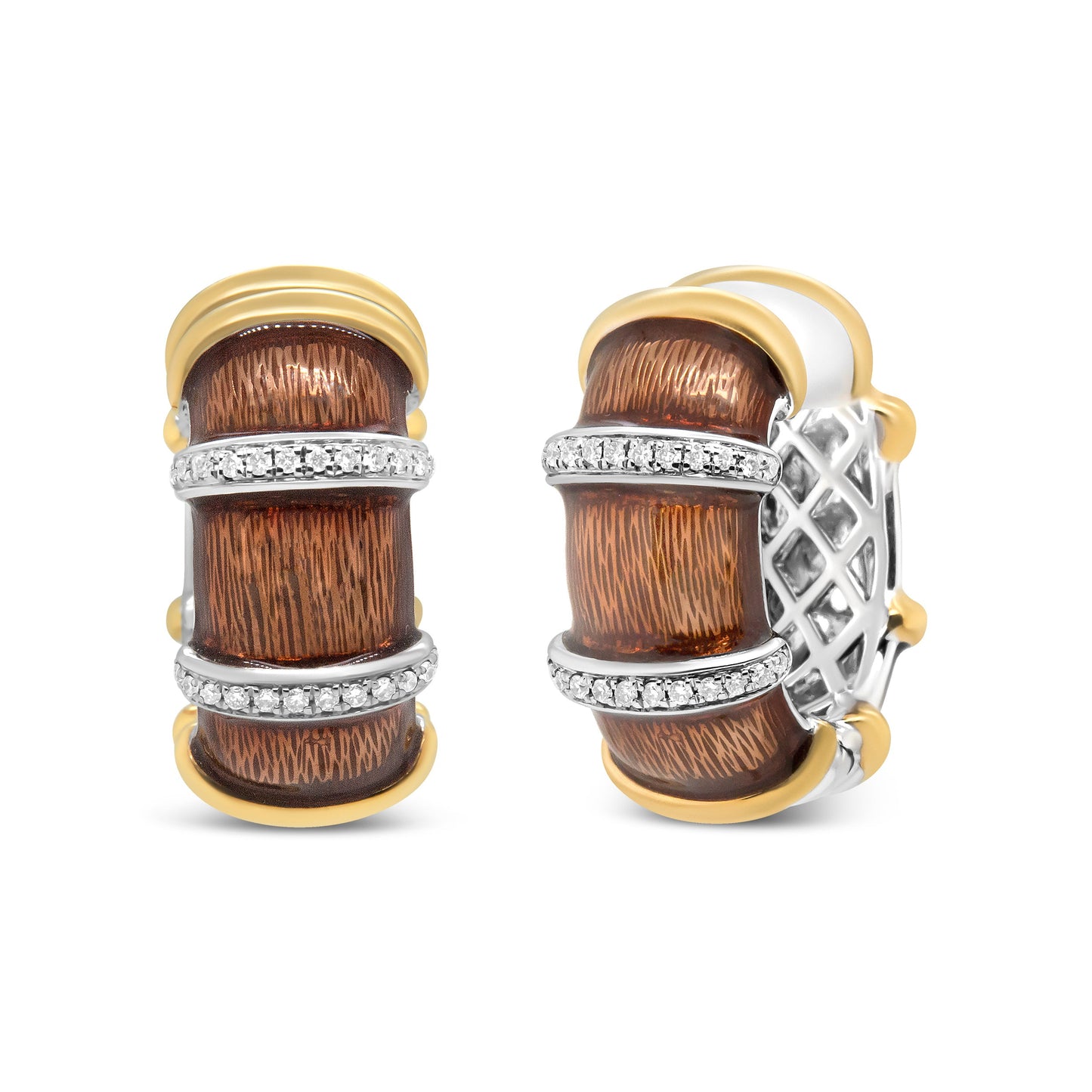 Pendientes de aro Huggie de plata de ley .925 con baño de oro amarillo y blanco de 18 quilates, esmalte marrón transparente y diamantes redondos de 9/10 Cttw (color F-G, claridad VS1-VS2)