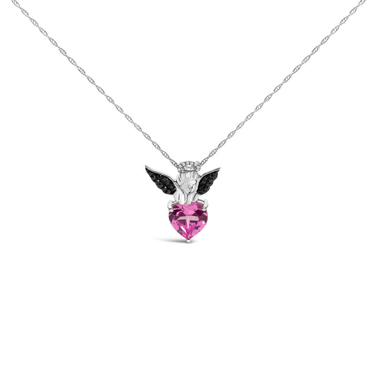 Collar con colgante de corazón de ángel con acento de diamante de plata de ley y zafiro rosa creado