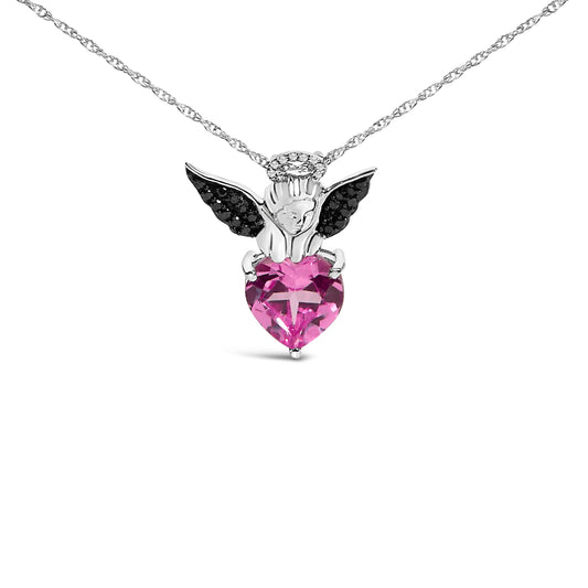Collar con colgante de corazón de ángel con acento de diamante de plata de ley y zafiro rosa creado