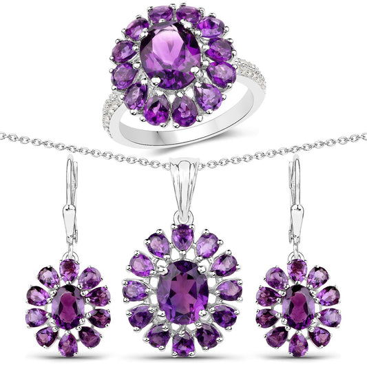 Juego de joyas de 3 piezas de plata esterlina .925 con amatista y topacio blanco genuinos de 11.60 quilates (anillo, pendientes y colgante con cadena)