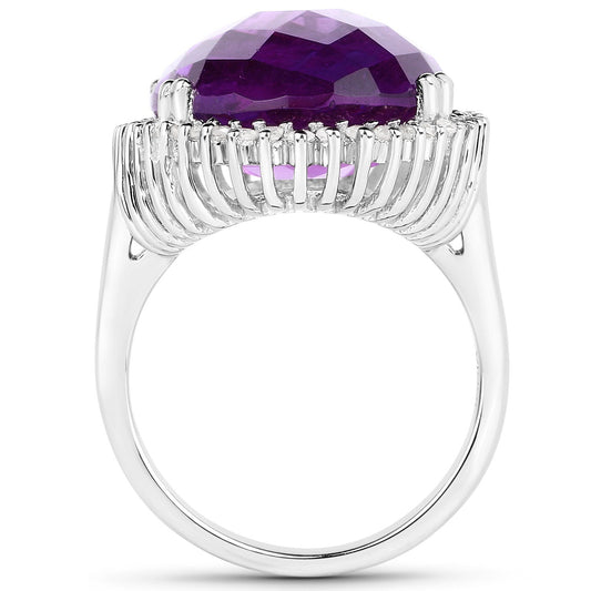 Anillo de plata de ley .925 con amatista genuina de 14.90 quilates y diamantes blancos