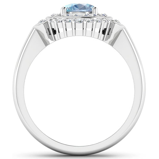 Anillo de oro blanco de 14 quilates con aguamarina auténtica de 1,57 quilates y diamantes blancos