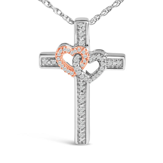 Collar con colgante de cruz y corazón de plata esterlina chapada en oro rosa de 14K con diamante de 1/10 quilates