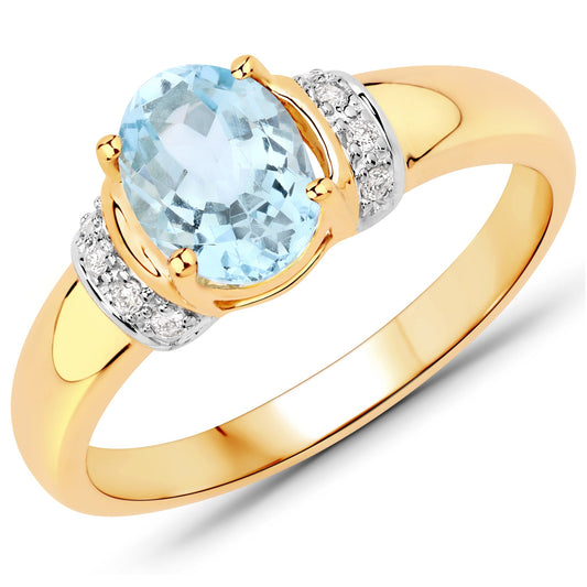 Anillo de oro amarillo de 14 quilates con aguamarina auténtica de 1,09 quilates y diamantes blancos