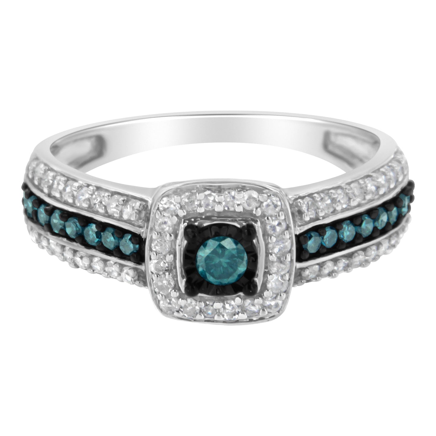 Anillo de compromiso de plata de ley .925 con diamantes azules tratados en engaste illusion (1/2 quilate total, color J-K, claridad I1-I2) - Talla 6