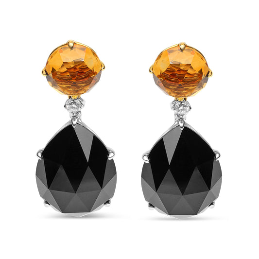 Aretes colgantes de oro blanco y amarillo de 18K con diamante de 1/5 Cttw, citrino amarillo redondo y ónix negro talla pera de 20x15mm (Color G-H, Claridad SI1-SI2)