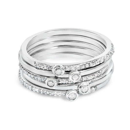 Juego de anillos apilables de plata de ley con bisel de diamante de 3/8 Cttw y engaste pavé